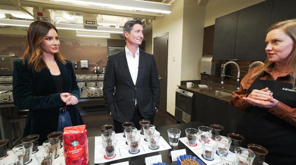 PHOTO: ABC's Rebecca Jarvis, left, appears with Starbucks CEO Brian Niccol, center, on "Good Morning America," Dec. 5, 2024.