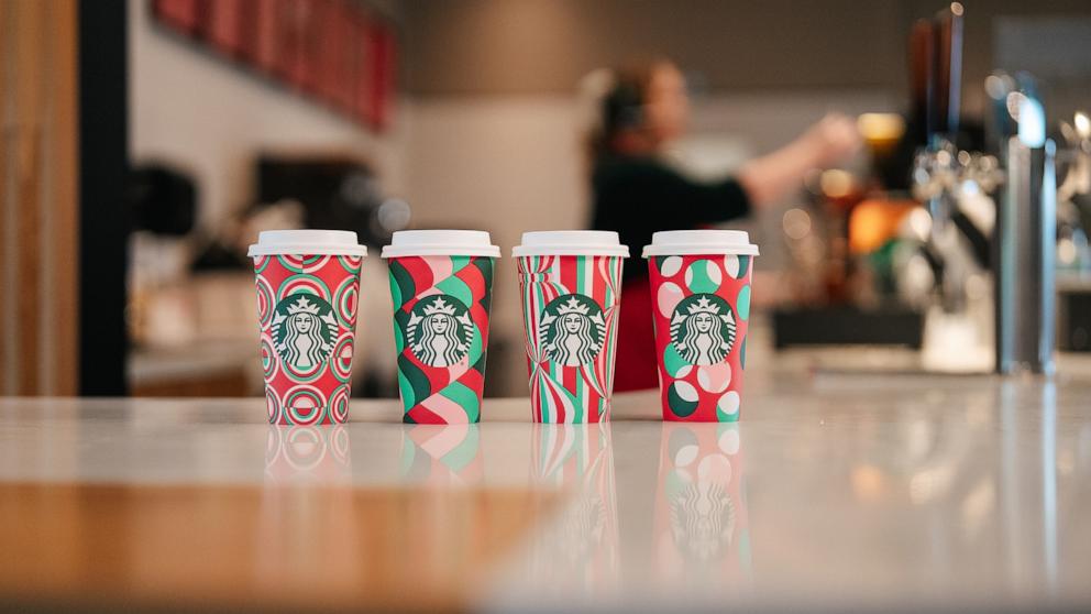 PHOTO: Here are four new hot cups in holiday designs at Starbucks this season.