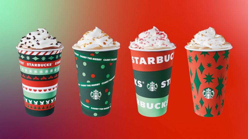 PHOTO: Ribbon, dot, band wrap and sparkle holiday cups new at Starbucks this season.