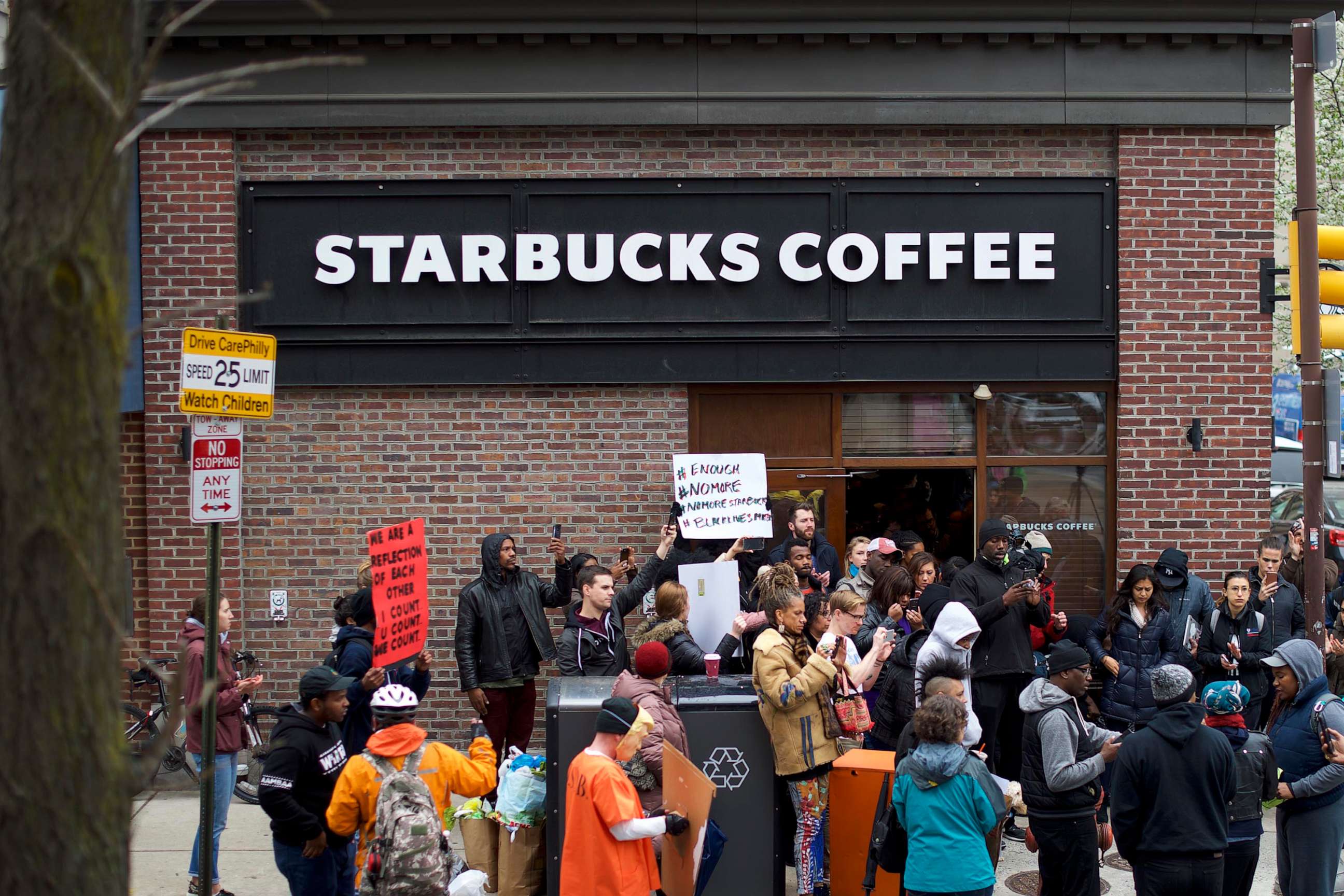 PHOTO: In this April 15, 2018, file photo, protestors demonstrate outside a Starbucks in Philadelphia. Police arrested two black men who were waiting inside the Starbucks which prompted an apology from the company's CEO.