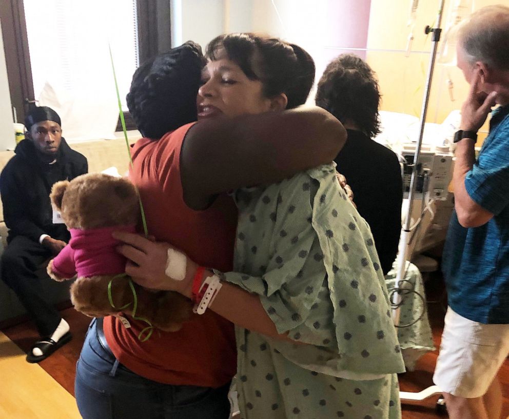 PHOTO: Kidney donor Starr Gardy, pictured hugging Lashonda Pugh in the hospital, donated her kidney to Pugh's son after seeing a plea for a donor written on the back of his mother's car.