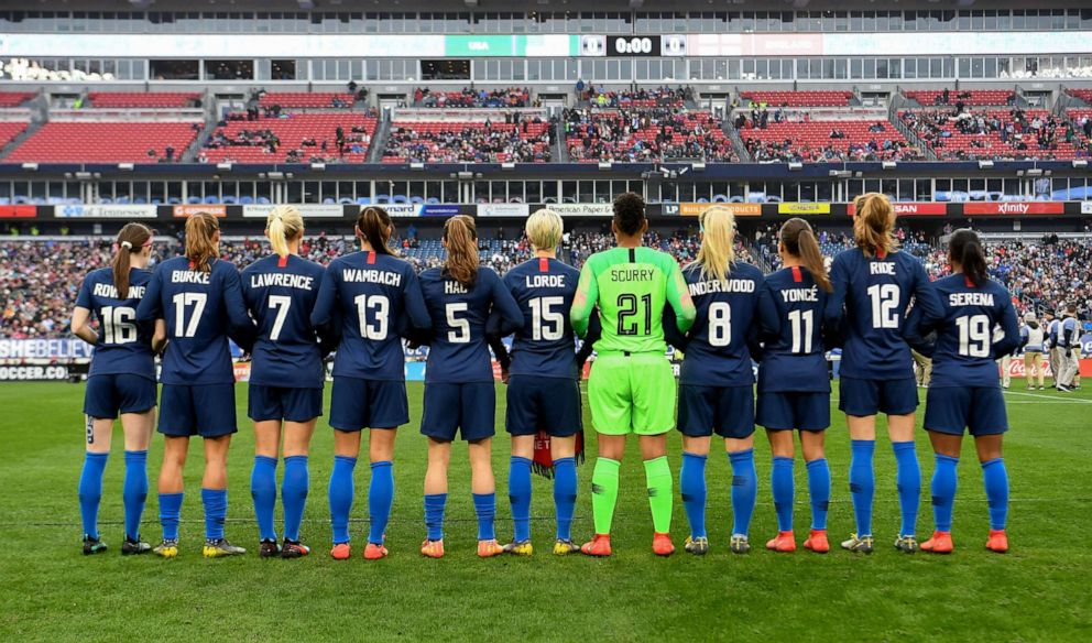 PHOTO: The U.S. Women's National Soccer Team paid tribute to inspirational women by donning the names of other women who have inspired them on their jersey's during their March 2, 2019 game against England.