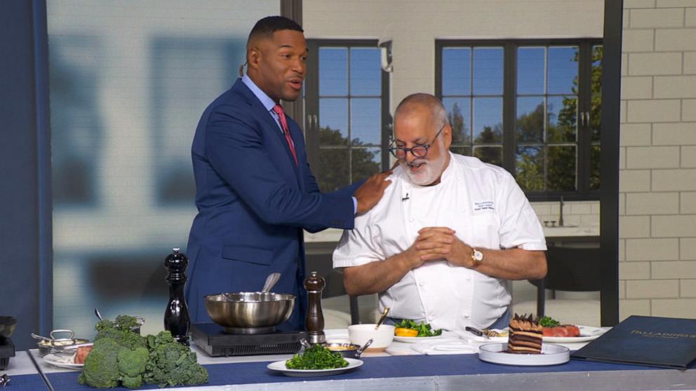 PHOTO: Chef Sam Hazen shows how to cook 'the Michael Strahan' steak alongside ABC News' Michael Strahan on 'Good Morning America' on May 27, 2026.