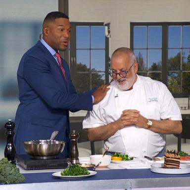 PHOTO: Chef Sam Hazen shows how to cook 'the Michael Strahan' steak alongside ABC News' Michael Strahan on 'Good Morning America' on May 27, 2026.