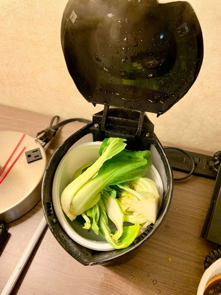 PHOTO: Baby bok choy placed in a small coffee maker to steam.