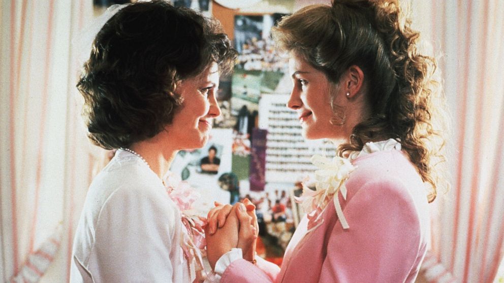Sally Field and Julia Roberts are pictured on the set of the 1989 film, "Steel Magnolias."