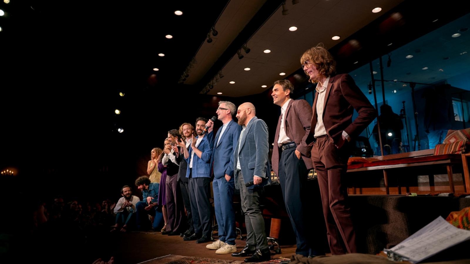 PHOTO: "Stereophonic" Broadway director Daniel Aukin gives a speech at curtain call as the cast and creative team look on during opening night at the Golden Theatre on April 19, 2024 in New York City.