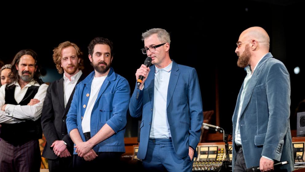 PHOTO: Director Daniel Aukin gives a speech during the curtain call of "Stereophonic" Broadway opening night at the Golden Theatre on April 19, 2024 in New York City.