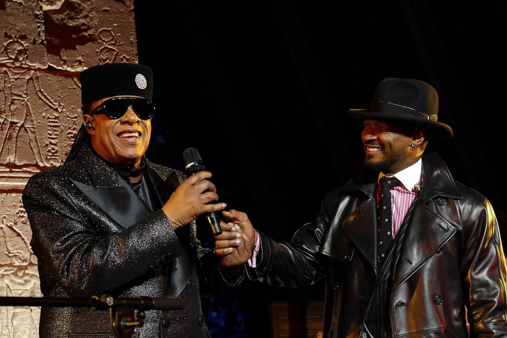 PHOTO: Stevie Wonder and Usher perform during the 2025 Met Gala Celebrating "Superfine: Tailoring Black Style" at Metropolitan Museum of Art, May 5, 2025 in New York City.