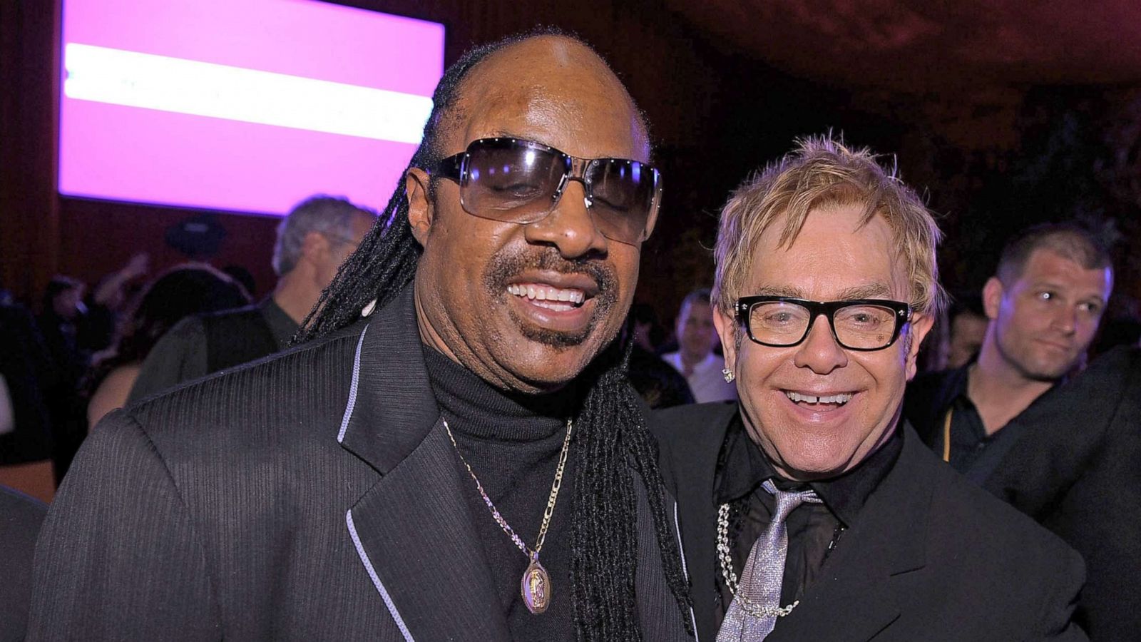 PHOTO: Stevie Wonder and Elton John attend the 16th Annual Elton John AIDS Foundation Academy Awards viewing party at the Pacific Design Center on Feb. 24, 2008 in West Hollywood, Calif.
