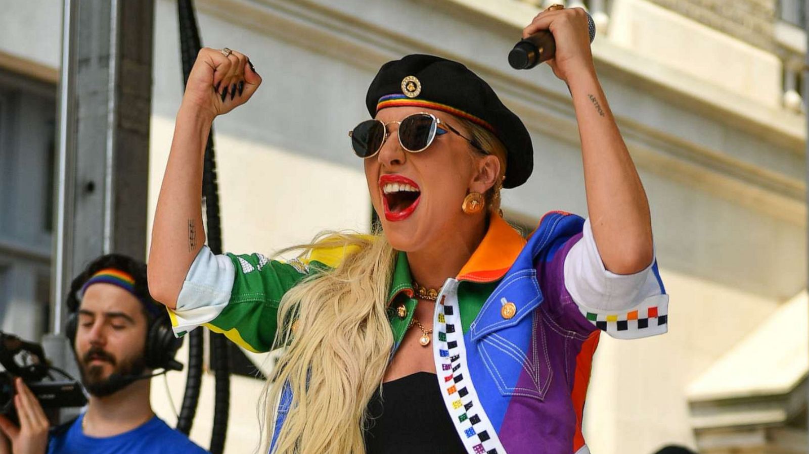 PHOTO: Lady Gaga gestures to the crowd during the Stonewall Day concert in New York, June 28, 2019.