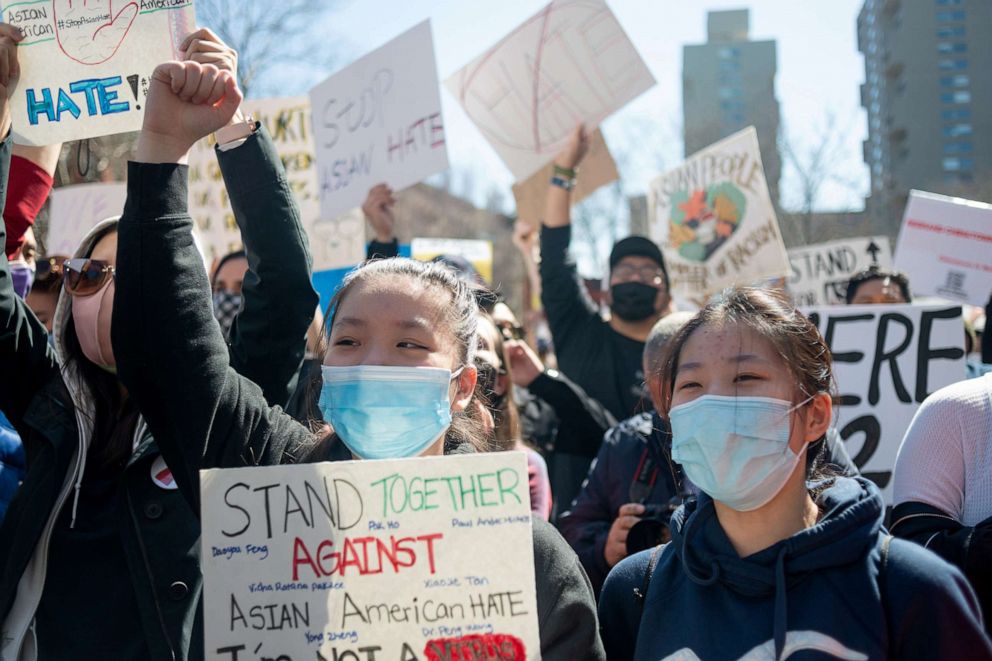 PHOTO: People gather to protest at the "Rally Against Hate" in Chinatown  in New York, March 21, 2021.