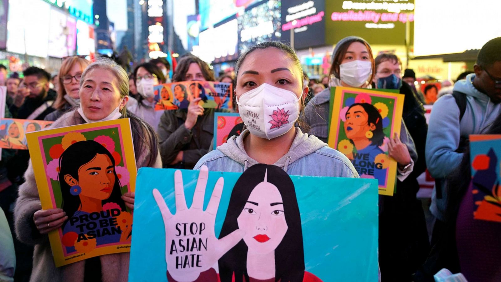 PHOTO: People rally calling for action and awareness on rising incidents of hate crime against Asian-Americans in Times Square in New York, March 16, 2022.