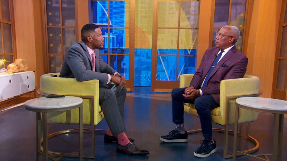 PHOTO: ESPN's Jay Harris speaks with Michael Strahan on "Good Morning America" on June 5, 2025.