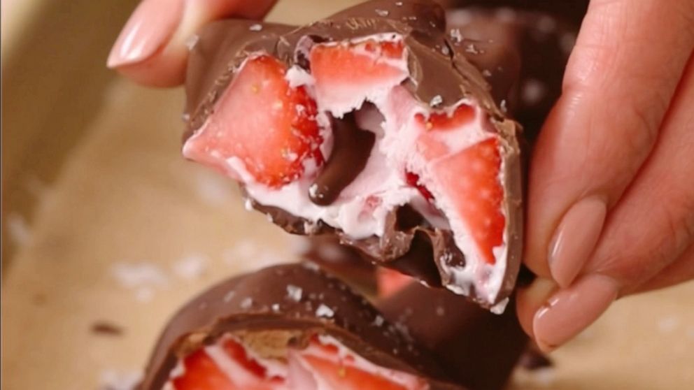 PHOTO: A frozen, chocolate covered strawberry and Greek yogurt cluster.