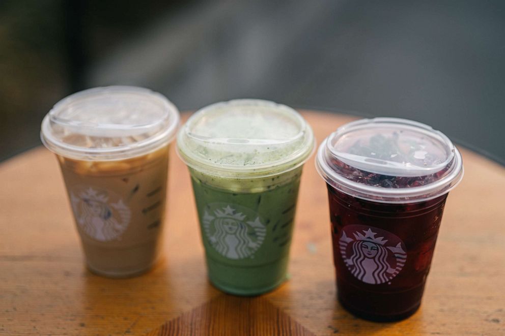 PHOTO: Three drinks with strawless recyclable lids from Starbucks.