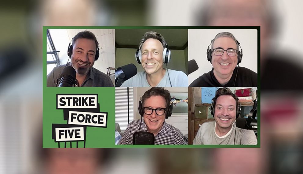 PHOTO: Seth Meyers, Jimmy Kimmel, John Oliver, Stephen Colbert and Jimmy Fallon appear in this image shared on the Instagram account for the new podcast "Strike Force Five."