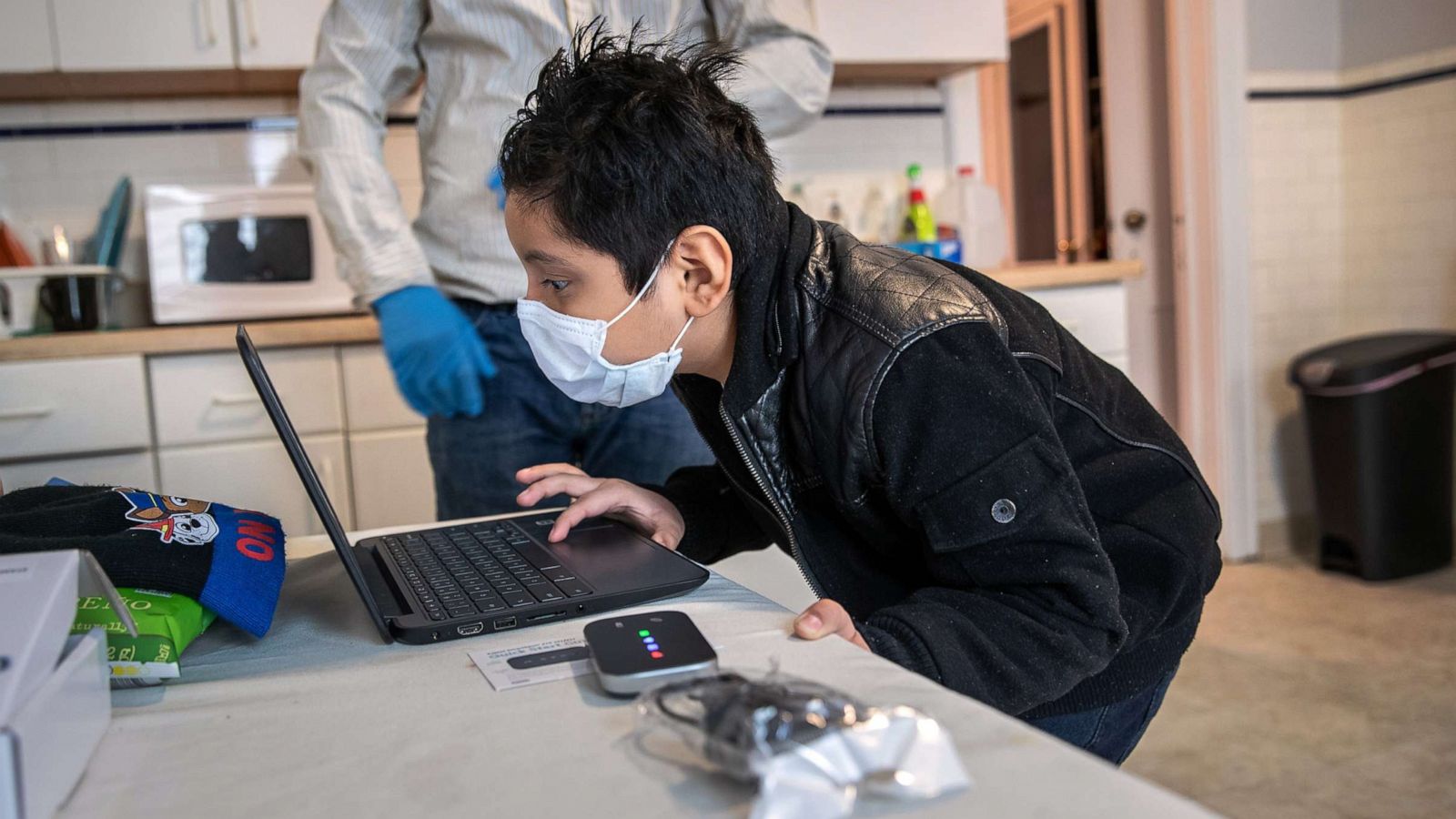 PHOTO: In this April 18, 2020, file photo, a student tries to log on to his school ChromeBook in Stamford, Conn.