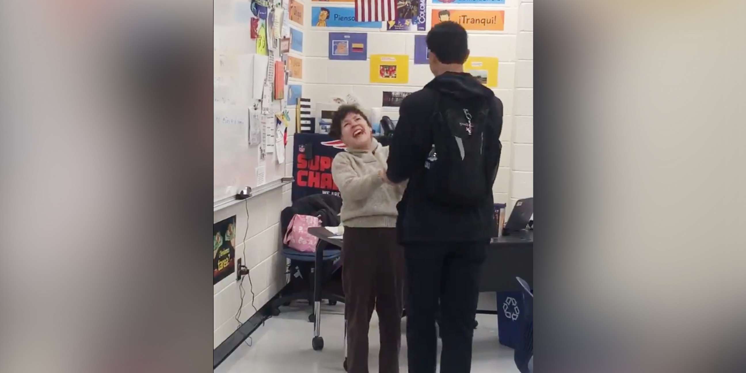 PHOTO: Dr. Gloria Green reacts to the news that her student, senior Max Pacheco, was accepted to Georgia Tech in a video filmed at South Forsyth High School in Cumming, Ga., Jan. 21, 2020.