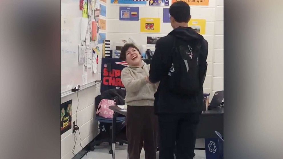 PHOTO: Dr. Gloria Green reacts to the news that her student, senior Max Pacheco, was accepted to Georgia Tech in a video filmed at South Forsyth High School in Cumming, Ga., Jan. 21, 2020.