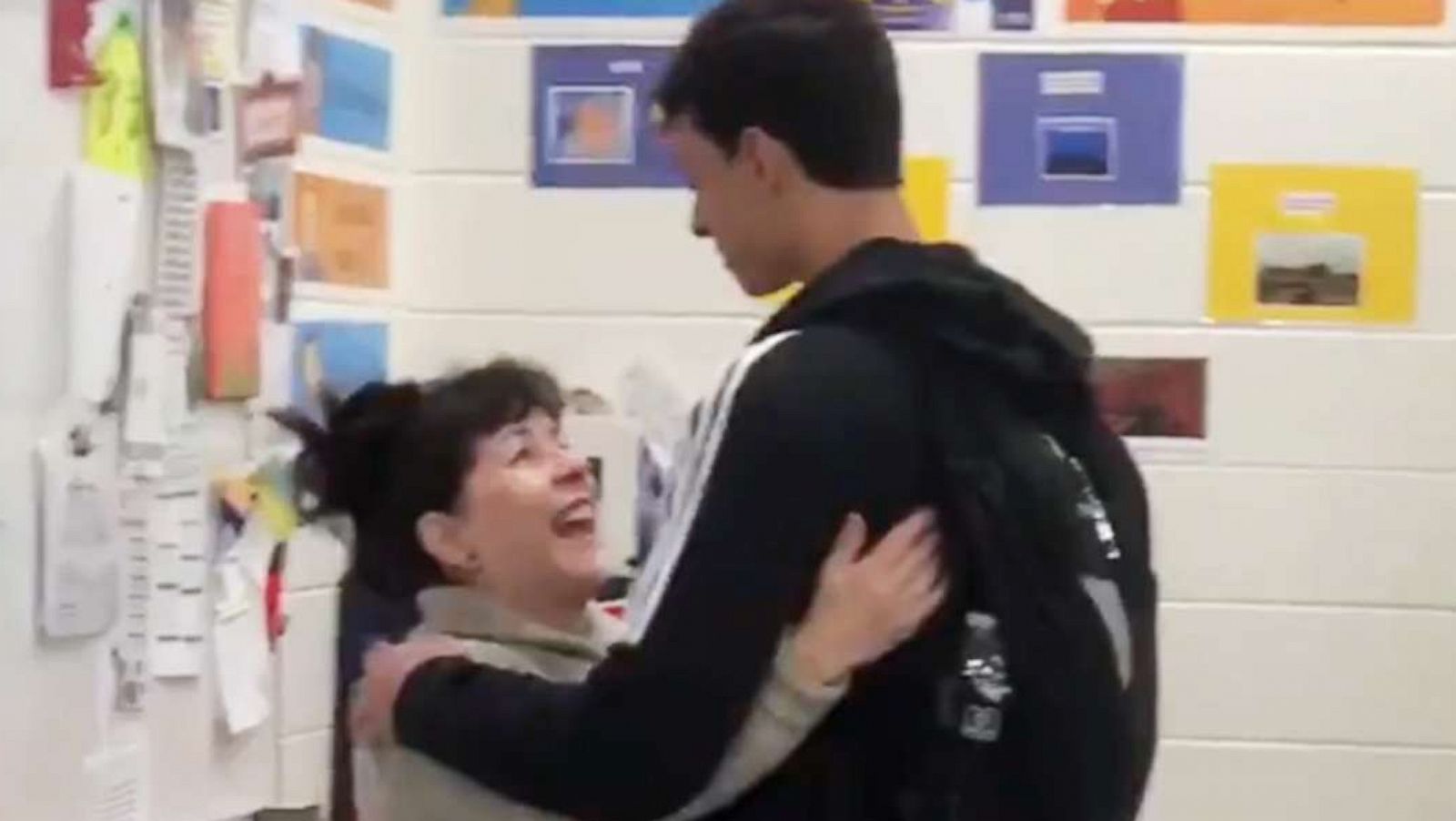 PHOTO: Dr. Gloria Green reacts to the news that her student, senior Max Pacheco, was accepted to Georgia Tech in a video filmed at South Forsyth High School in Cumming, Ga., Jan. 21, 2020.