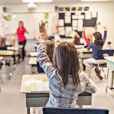 PHOTO: Students raise their hands in a classroom.