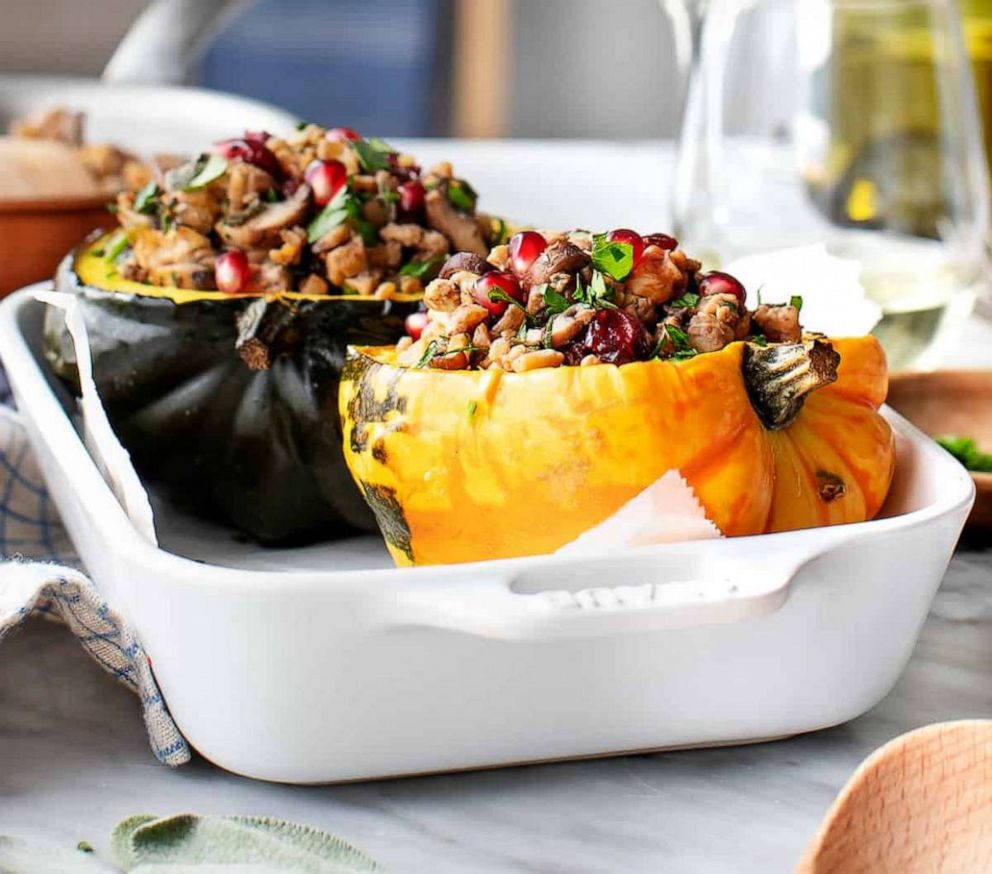 PHOTO: Stuffed acorn squash topped with pomegranate arils. 