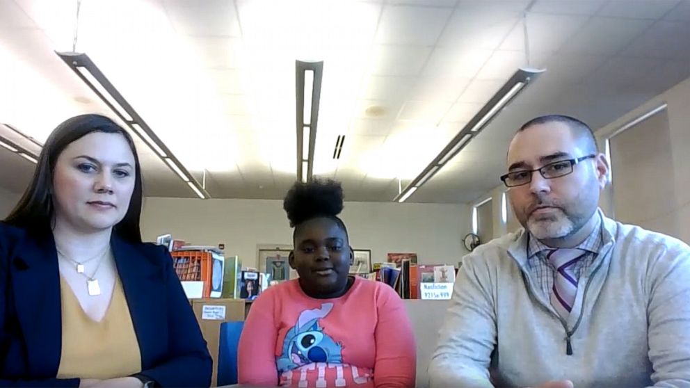 PHOTO: Essence (center), a student at Fratt Elementary School in Racine, Wisconsin, speaks to "Good Morning America" on Nov. 14 along with teacher Samantha Bradshaw and principal Steven Branson.