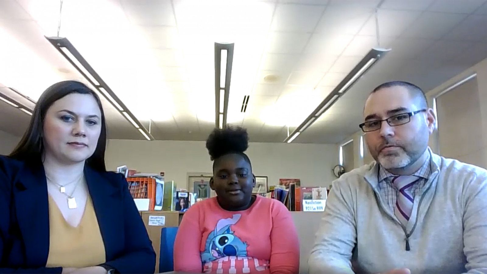 PHOTO: Essence (center), a student at Fratt Elementary School in Racine, Wisconsin, speaks to "Good Morning America" on Nov. 14 along with teacher Samantha Bradshaw and principal Steven Branson.