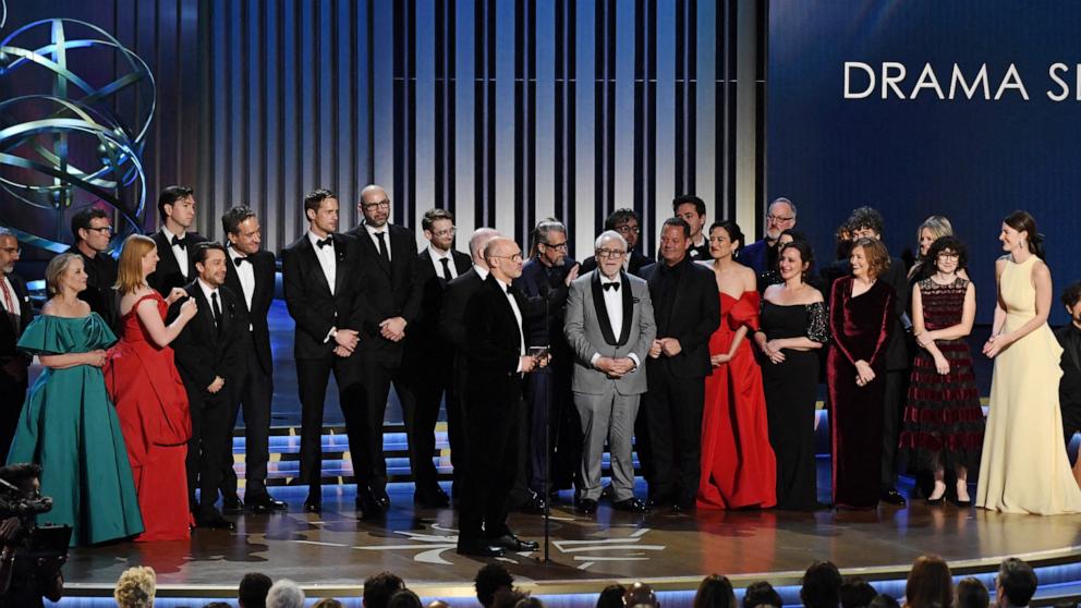 PHOTO: British screenwriter Jesse Armstrong speaks as the cast and crew of "Succession" accept the award for Outstanding Drama Series onstage during the 75th Emmy Awards at the Peacock Theatre at L.A. Live in Los Angeles on Jan. 15, 2024. 