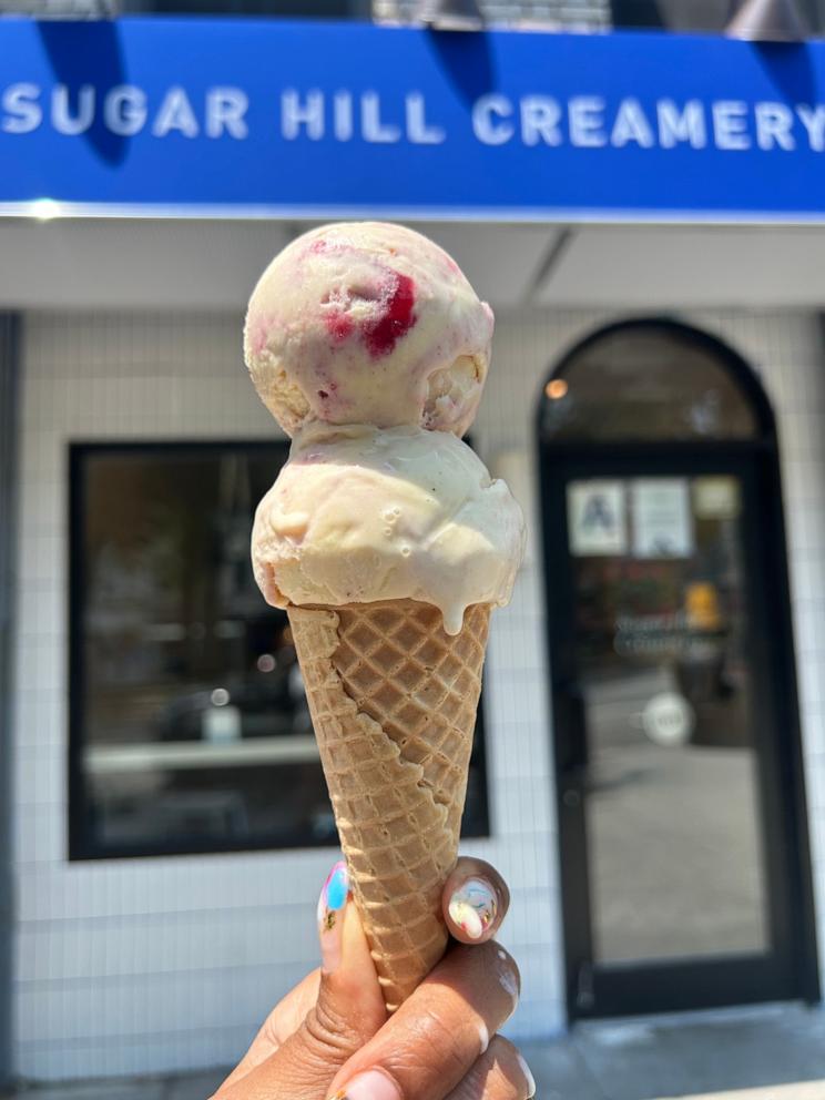 PHOTO: Two scoops of sweet corn vanilla ice cream with plum swirl, the new collaboration flavor from Organic Valley and Sugar Hill Creamery.