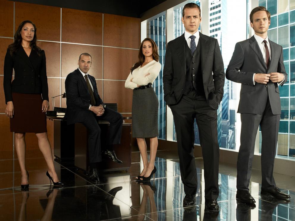 PHOTO: Season 1 cast of Suits, Gina Torres as Jessica Pearson, Rick Hoffmann as Louis Litt, Meghan Markle as Rachel Zane, Gabriel Macht as Harvey Specter, Patrick Adams as Mike Ross.