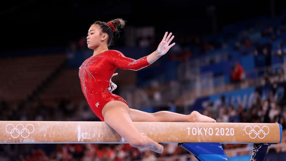 PHOTO: Sunisa Lee of Team United States during the Women's Balance Beam Final at the 2020 Olympic Games, Aug. 3, 2020, in Tokyo. 