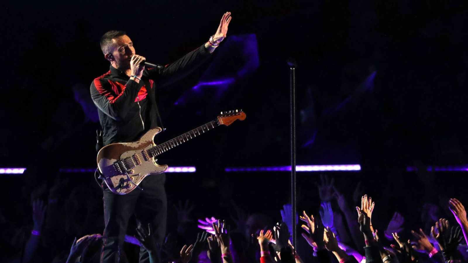 PHOTO: Adam Levine of Maroon 5 performs during the Pepsi Super Bowl LIII Halftime Show at Mercedes-Benz Stadium, Feb. 3, 2019, in Atlanta.