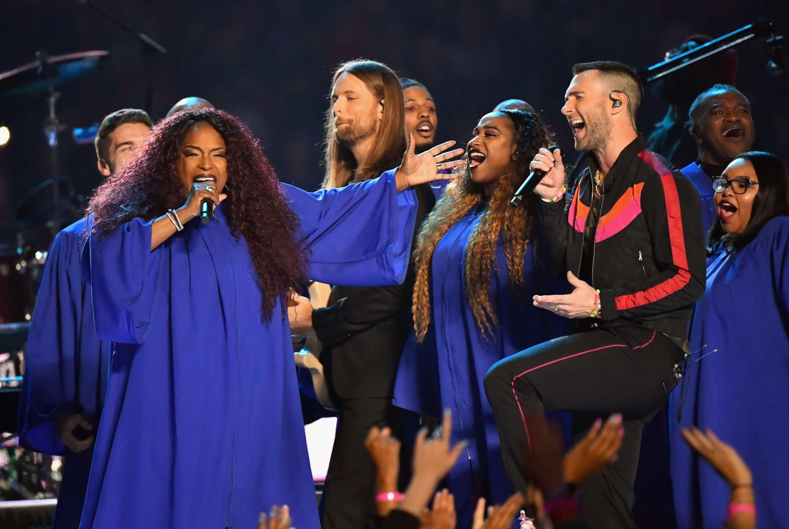 PHOTO: James Valentine and Adam Levine, right, of Maroon 5 perform during the Pepsi Super Bowl LIII Halftime Show at Mercedes-Benz Stadium, Feb. 3, 2019, in Atlanta.