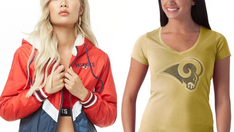 Apparel for Patriots and Rams fans.