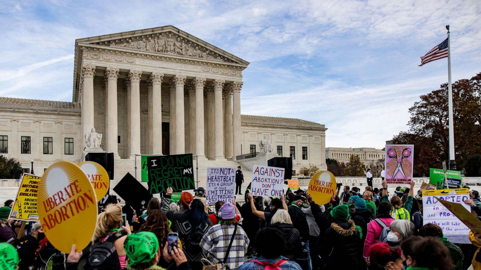 PHOTO: Pro-choice activists protests outside of the U.S. Supreme Court as the high court prepares to hear arguments in a challenge to a law in Mississippi that is a direct challenge to Roe v. Wade in Washington, D.C., Dec. 1, 2021.