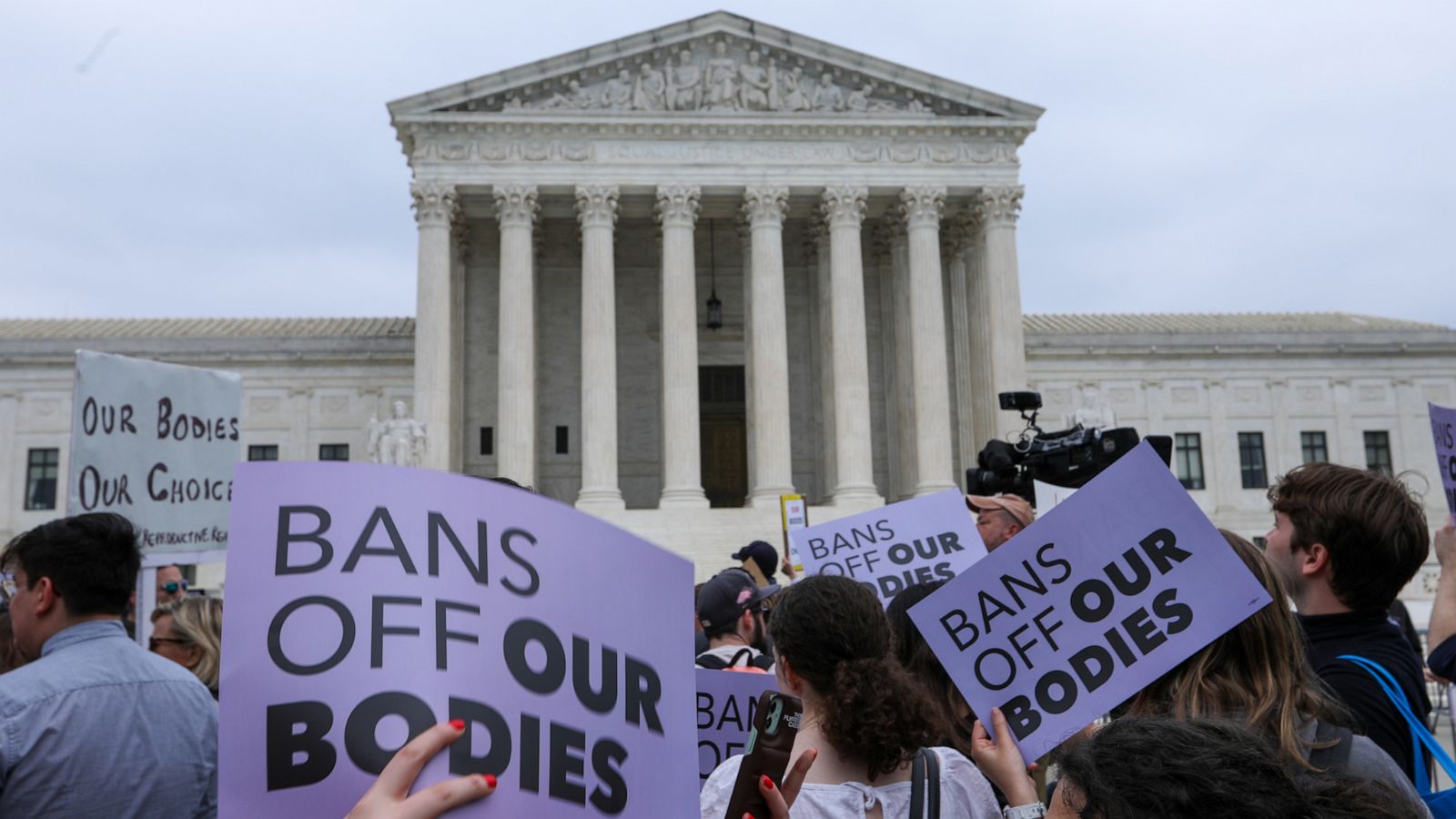 PHOTO: Activists rally outside the U.S. Supreme Court in Washington, D.C., on May 3, 2022, after the leak of a draft majority opinion preparing for the court to overturn the landmark abortion decision in Roe v. Wade.