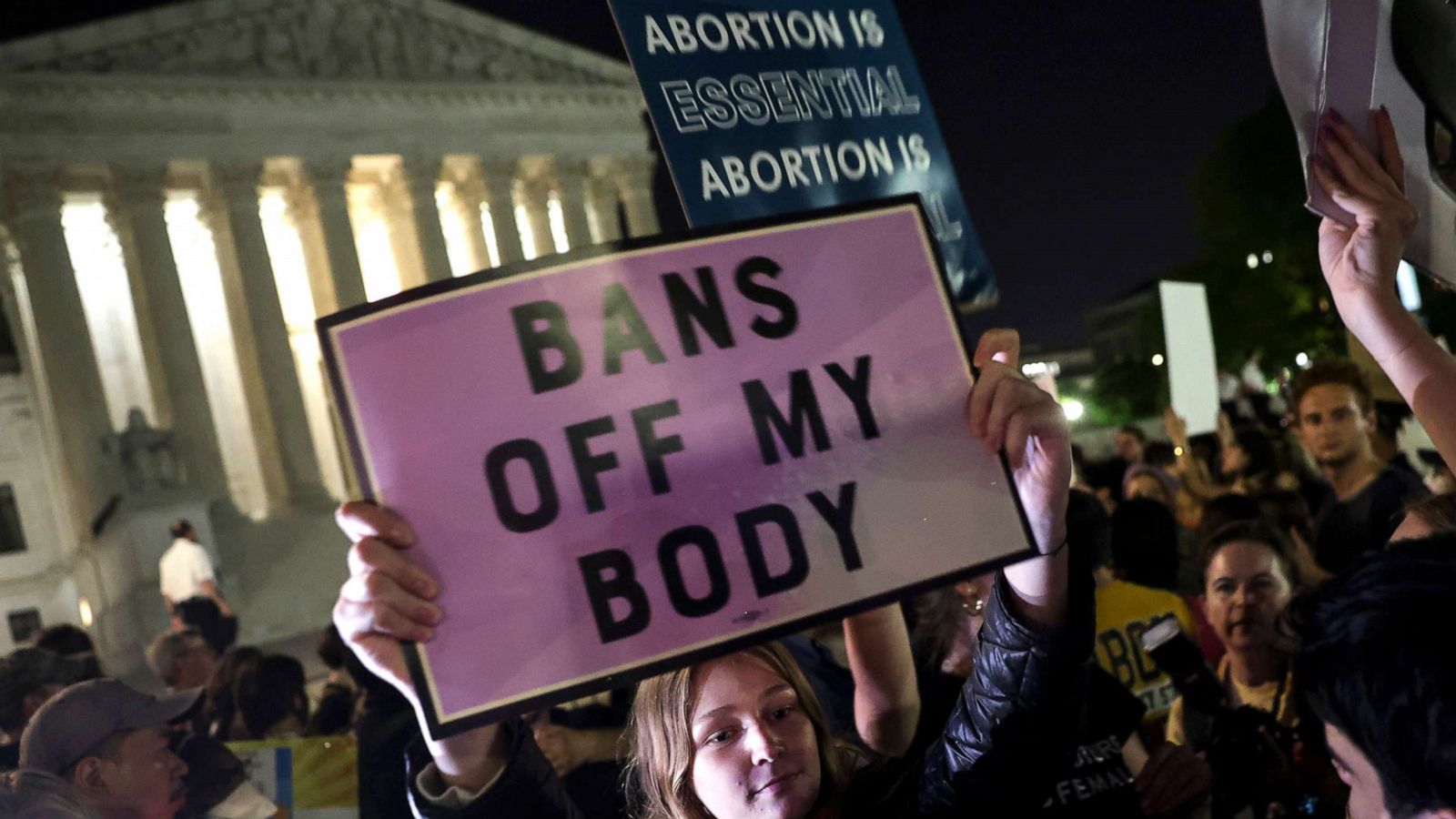 PHOTO: Demonstrators gather outside of the U.S. Supreme Court on May 2, 2022 in Washington, D.C.