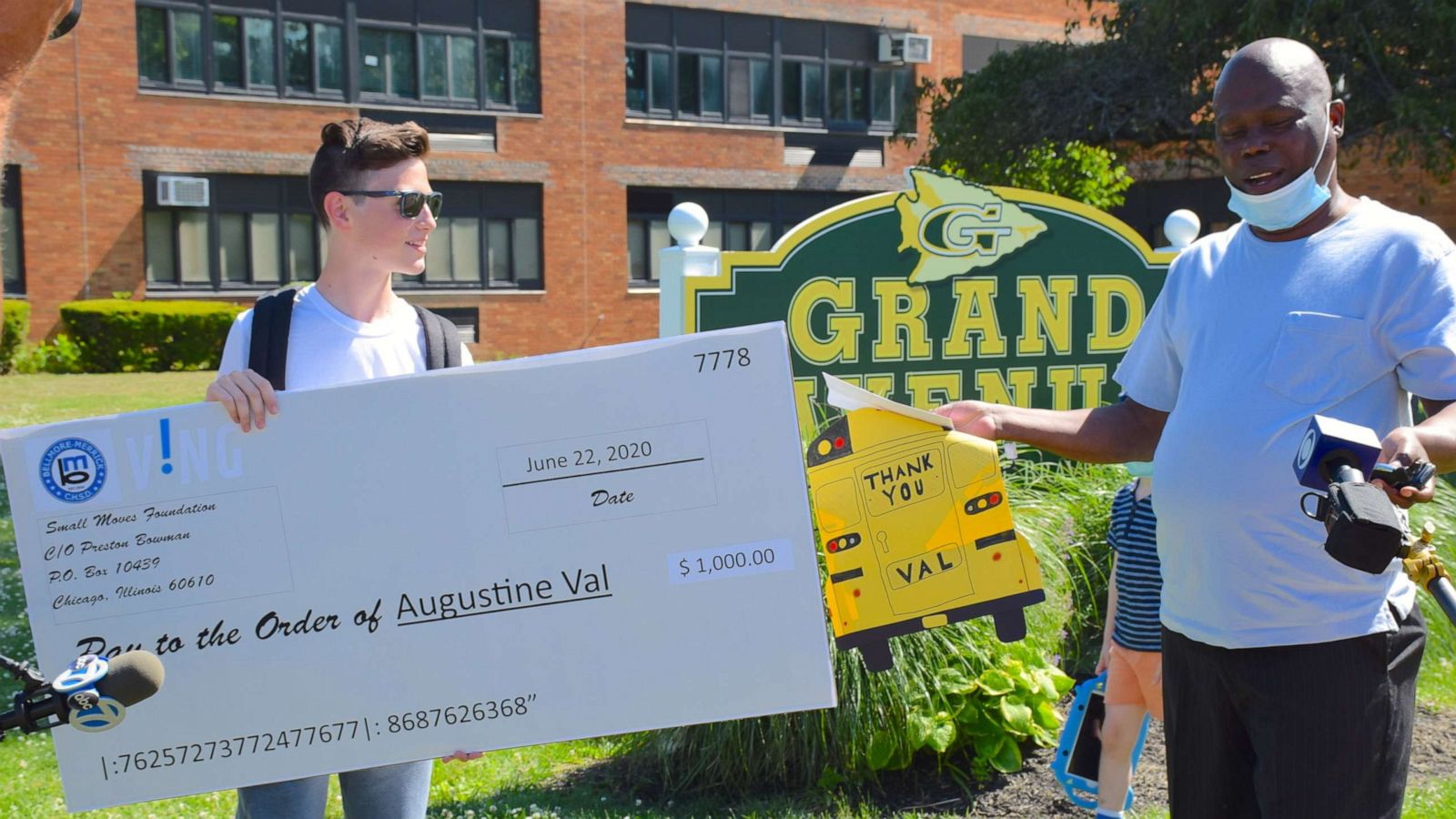 PHOTO: Grand Avenue Middle School graduate Preston Bowman surprised his school bus driver Agustine Val with a $1,000 check from the VING project in Long Island, New York.