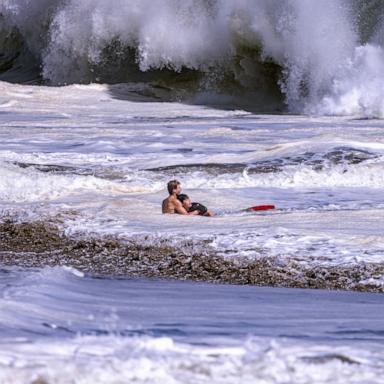 PHOTO: Ryder Williams is pictured rescuing a swimmer at Seabright Beach in Santa Cruz, California, on July 25, 2026.