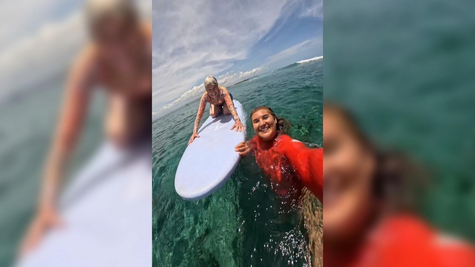 PHOTO: Brisa Hennessy teaches her 80-year-old grandma Dona Holmes to surf for the first time.