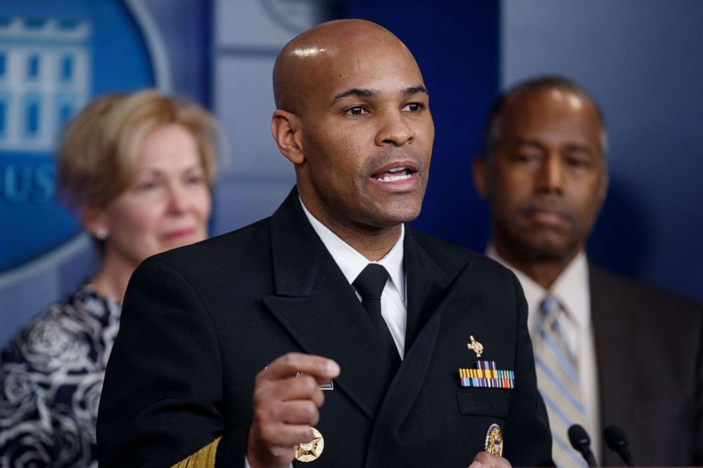 PHOTO: Surgeon General of the United States Jerome Adams, with members of the coronavirus taskforce, responds to a question from the news media during a COVID-19 coronavirus press conference at the White House in Washington, March 14, 2020.