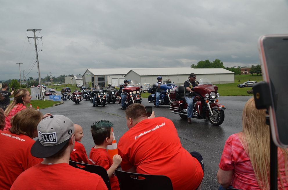 PHOTO: Riley Rejniak waved as a total of 651 of cars, motorcycles and first responders arrived in waves in Leesport, Pennsylvania, at a safe distance to celebrate Riley's fighting spirit and 8th birthday on May 23.