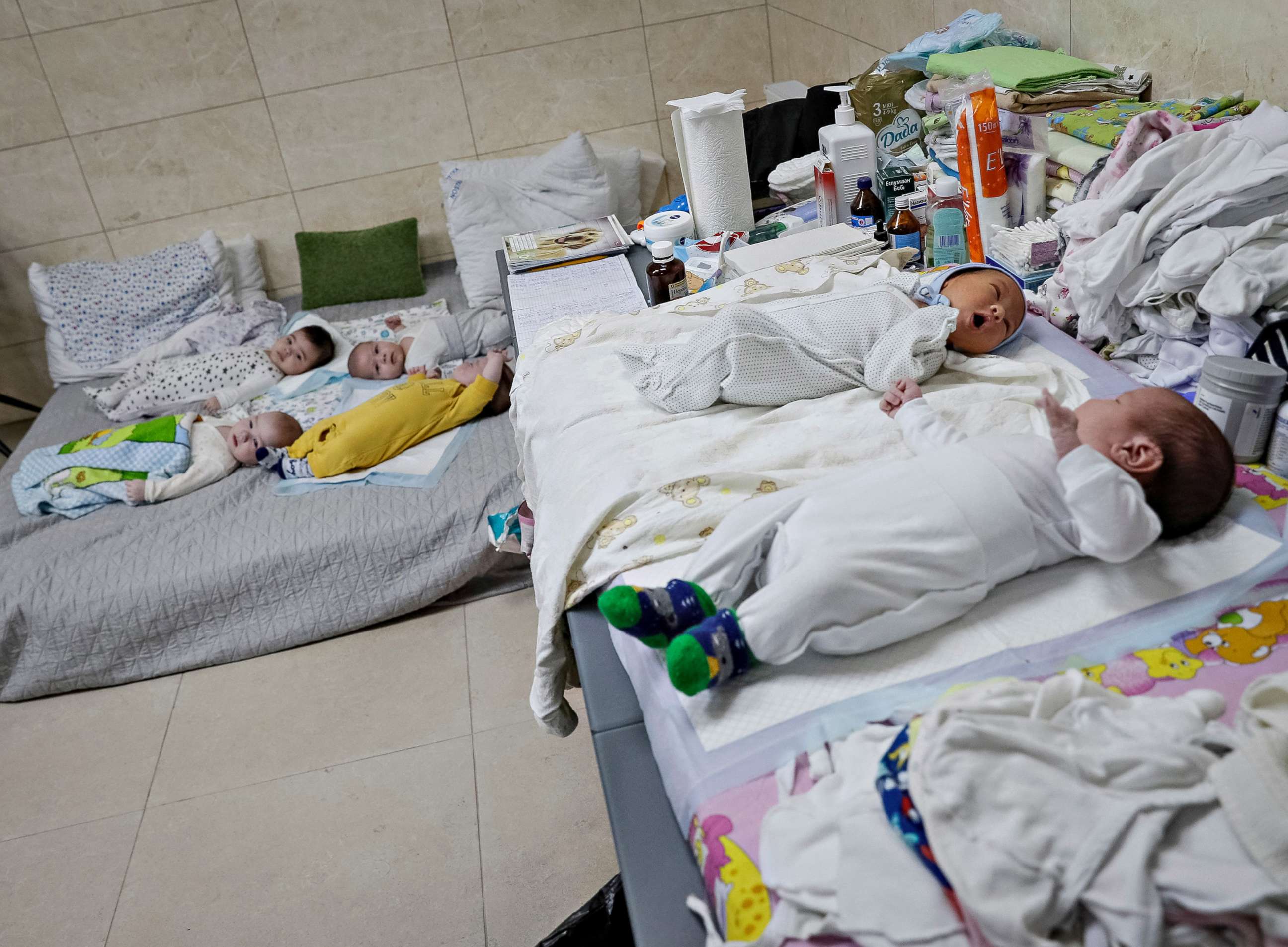 PHOTO: Surrogate-born babies rest inside a shelter owned by BioTexCom clinic in a residential basement on the outskirts of Kyiv, Ukraine, March 15, 2022.