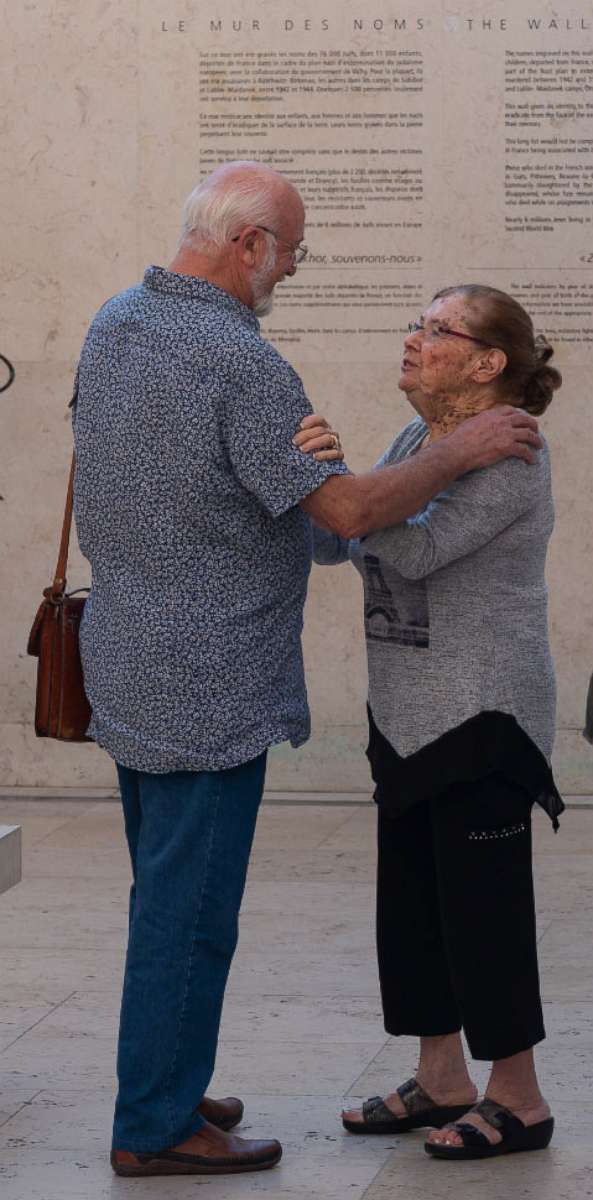 PHOTO: Alain and Charlotte reuniting at the Wall of Names in Paris after nearly 70 years.
