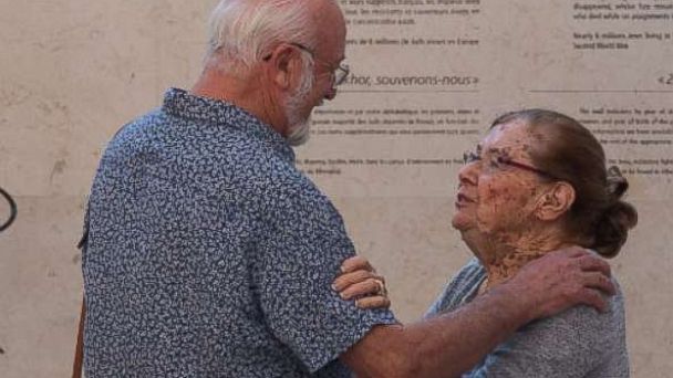 PHOTO: Alain and Charlotte reuniting at the Wall of Names in Paris after nearly 70 years.