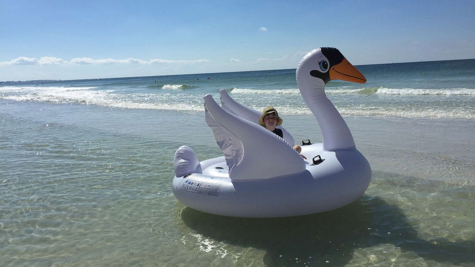 Mom pulled miles out to sea with son on swan float praises