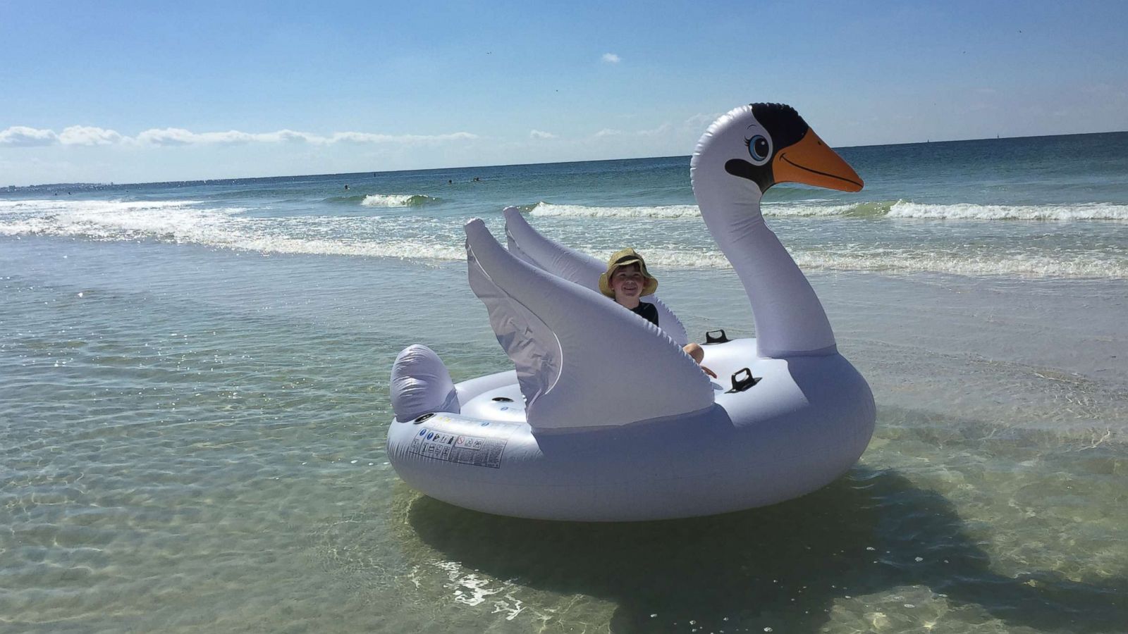 PHOTO: Tara Myers got her son Brendan, 7, an inflatable swan float that they used at the beach before drifting out to sea.