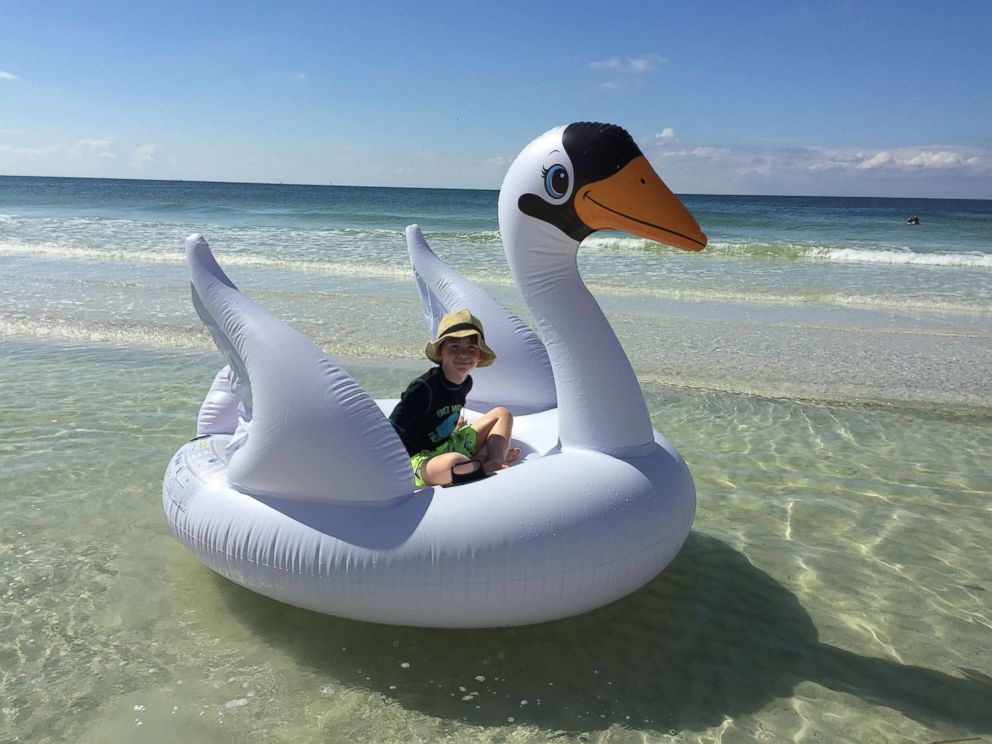 PHOTO: Tara Myers got her son Brennan, 7, an inflatable swan float that they used at the beach before drifting out to sea. 